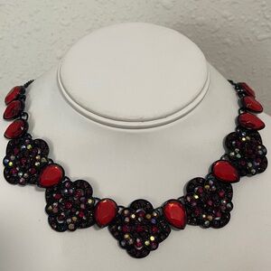 Statement Necklace Red Rhinestone Black Gunmetal Tone Dramatic Collar